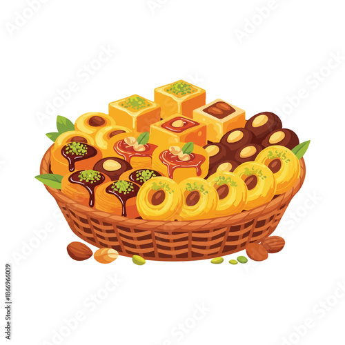 Basket of assorted sweets and snacks featuring cookies, donuts, chocolates, fruit bites, colorful treats.