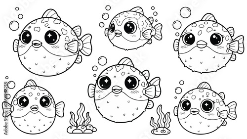 A black and white illustration of six cartoon pufferfish with big eyes and seaweed on a plain white background.