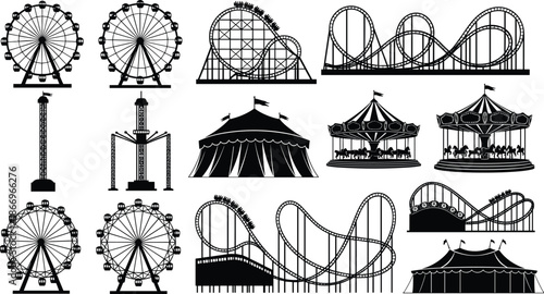 Amusement park silhouettes, Ferris wheel icons, roller coaster shapes, carnival ride graphics, circus tent symbols, flat vector illustration