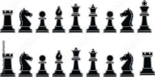 Black chess pieces, mirrored layout, strategic game, rook, knight, bishop, queen, king, symmetry, flat vector illustration, board game concept