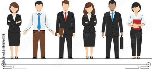 Business professionals illustration, formal attire, corporate team, timeline concept, teamwork, organizational roles, flat vector design
