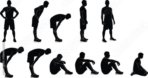 Body movement silhouettes, standing to sitting poses, human posture transitions, physical motion icons, biomechanics reference figures, flat vector illustration