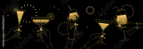 Line art hands with golden cocktails and firework. Cocktail party. Celebration toast with two cocktail glasses. Vector illustration