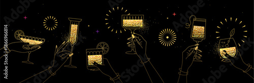 Line art hands with golden cocktails and firework. Cocktail party. Celebration toast with two cocktail glasses. Vector illustration