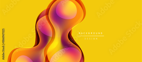 Abstract fluid shapes, vibrant colors blend. Yellow backdrop emphasizes organic forms, modern design element. Smooth gradients create depth.