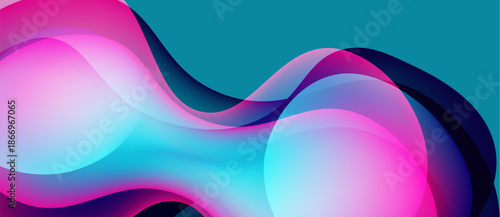 Abstract fluid shapes blend vibrant pinks, blues. Smooth curves create dynamic composition, modern aesthetic. Light reflects, shadows define forms.