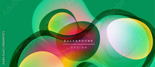 Abstract colorful shapes overlap, creating dynamic visual effect. Green background enhances vibrant hues, modern design element.