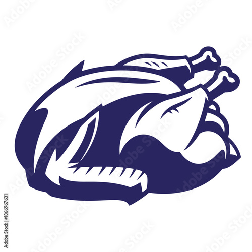 Navy blue illustration of a roasted whole turkey on white background  traditional holiday food