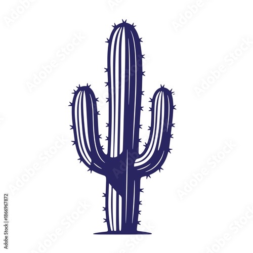 navy blue silhouette of a large saguaro cactus with three main stems covered in spikes  isolated on white background