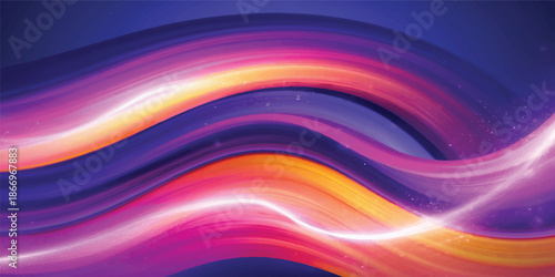 Abstract colorful background with glowing pink and blue light waves featuring a bright fractal pattern and motion curves on a black backdrop illustration
