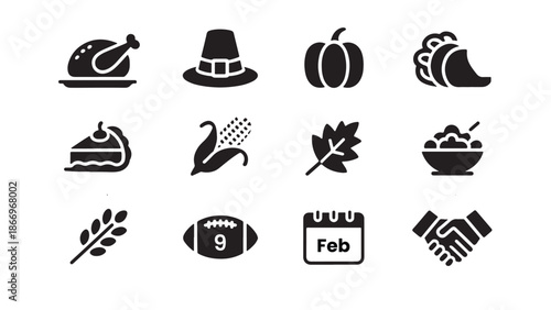 Thanksgiving holiday icon collection featuring roasted turkey, pilgrim hat, pumpkin, cornucopia, pie, corn cob, autumn leaf, mashed potatoes, wheat stalk, american football, February calendar, and han