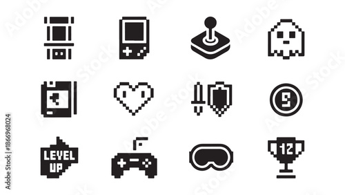 Collection of retro video game pixel art icons featuring arcade machines, joysticks, game controllers, hearts, coins, and trophies for gaming interface design and nostalgic digital projects.