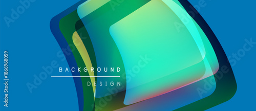 Abstract geometric shapes overlap, creating vibrant color gradients. Blue background enhances visual depth, modern design aesthetic.