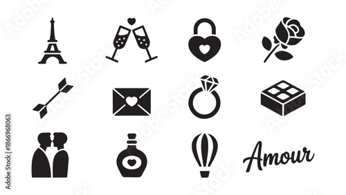Romantic love icon collection featuring eiffel tower, champagne toast, heart lock, rose flower, cupid arrow, love letter, diamond ring, chocolate box, kissing couple, and hot air balloon.
