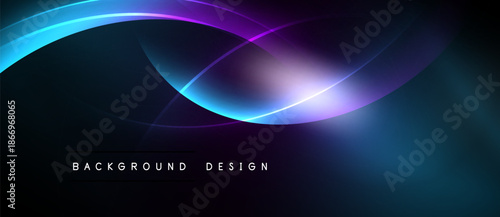 Abstract flowing lines, vibrant blues, purples create dynamic background. Modern design, sleek presentation, dark space dominates.