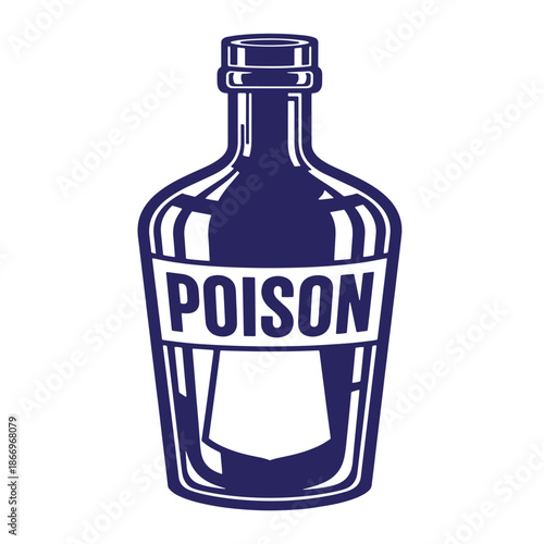 poison bottle illustration  single dark blue glass bottle with poison label on transparent background