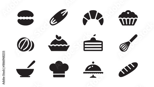 Bakery and pastry icon collection featuring macaron, éclair, croissant, cupcake, bread bun, fruit tart, cake slice, wire whisk, mixing bowl, chef hat, cake stand, and baguette.