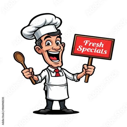 Happy cartoon chef holding a fresh specials sign and a wooden spoon