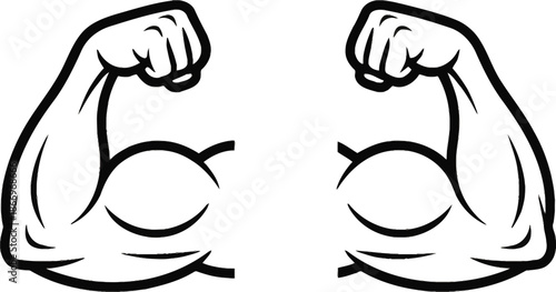 Illustration of muscular flexed arms with strong biceps and clenched fists in cartoon line art style