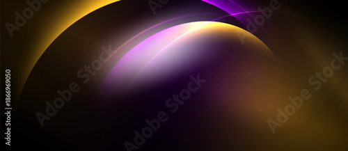 Abstract composition features curved shapes, vibrant colors. Golden, purple hues blend into dark background. Smooth gradients create depth.