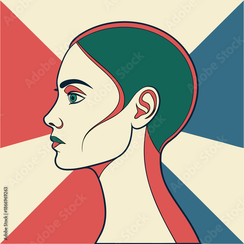 A woman with green hair and red eye makeup looking left in a colorful abstract background with geometric shapes