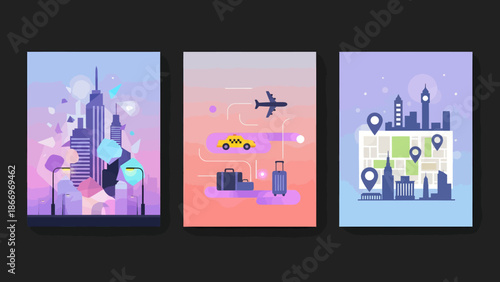 Travel destinations and iconic city skylines presented in a colorful, illustrative travel poster style with various icons