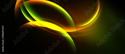 Abstract glowing shapes overlap, creating vibrant yellow, green, orange hues against dark background. Smooth curves suggest movement, energy.