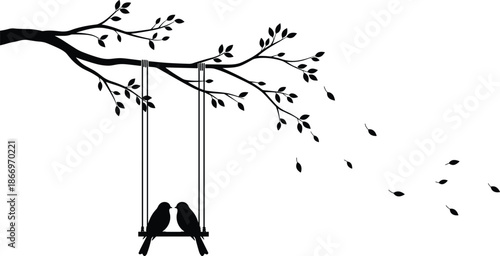Birds on swing silhouette, tree branch vector, black artwork, romantic nature scene, decorative design, peaceful moment, love illustration