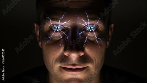 Man with Glowing Eyes in Darkness.