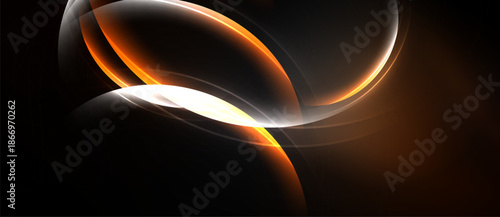 Abstract design features flowing orange, white shapes against dark background. Dynamic curves create luminous effect. Modern, sleek presentation.
