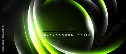 Abstract neon shapes overlap dark background. Bright green glow creates modern visual effect. Smooth curves suggest movement, energy.