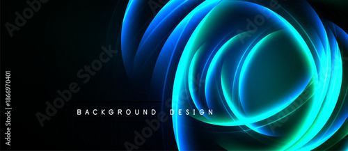 Abstract flowing lines create luminous shapes. Dark background emphasizes vibrant blue, teal, green hues. Modern design element.