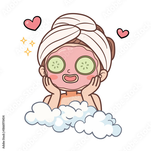 Vector illustration of a woman doing skincare routine, facial mask spa treatment with cucumber and bubbles.