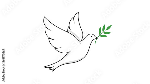White dove flying with olive branch outline drawing on white background, peace symbol, minimalist illustration, bird silhouette
