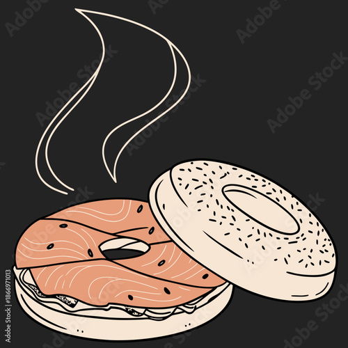 Delicious bagels with salmon on dark background