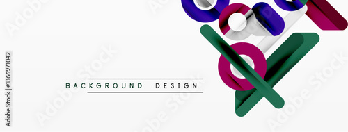 Abstract geometric shapes overlap, creating vibrant visual effect. Minimalist design with purple, green, pink hues. Background element.