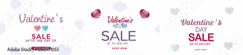 Valentine's Day sale banners with heart designs and discounts