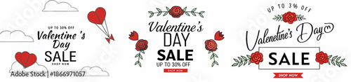 Valentine's Day sale banners with roses and hearts
