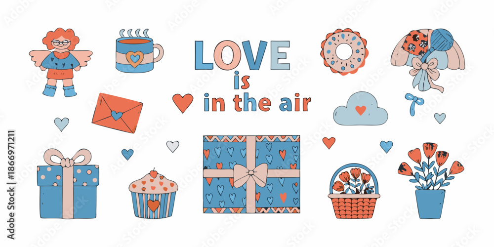 Fototapeta premium Valentine s day themed illustrations hearts gifts and sweet treats collection