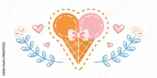 A charming illustration of an ice cream cone shaped like a heart with floral accents