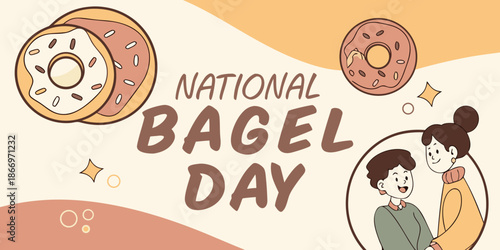 National Bagel Day illustration with bagels and people on the light background