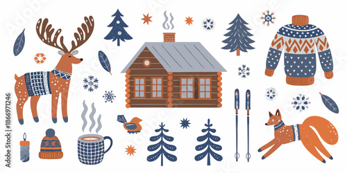 Festive winter scene featuring reindeer cabin and cozy seasonal elements