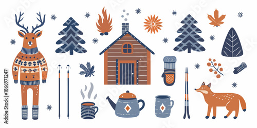 Winter wonderland scene featuring a cozy cabin deer fox and seasonal elements
