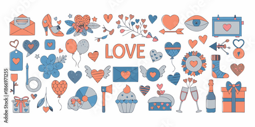 A colorful collection of love themed illustrations including hearts and gifts