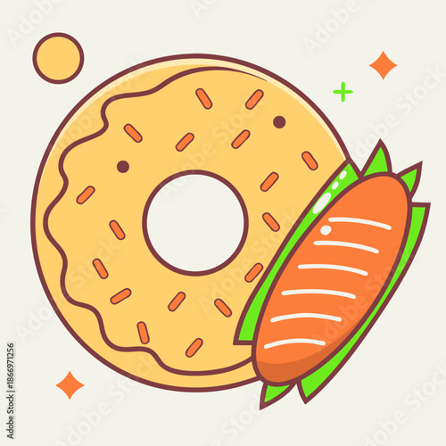 Sweet donut and sandwich illustration on a plate