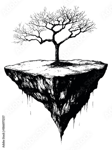 Hand drawn line art illustration of a bare tree on a floating island depicting resilience and solitude for fantasy or nature concepts