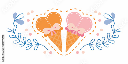 Two ice cream hearts with a floral wreath a sweet and delightful illustration