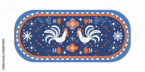 A decorative oval panel featuring two white roosters and folk art motifs