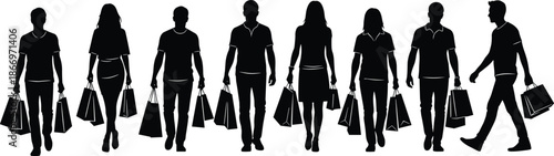Shopping people silhouette walking with bags, consumers retail lifestyle illustration isolated vector design for mall, sale and commerce concepts