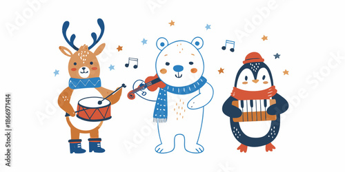 Festive animal musicians a reindeer polar bear and penguin playing instruments